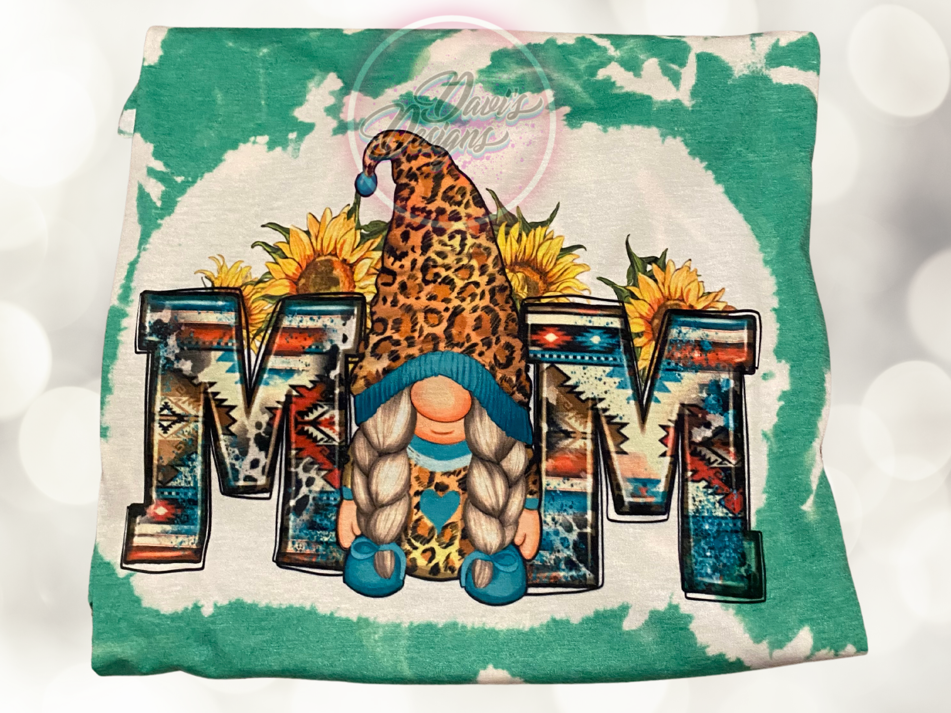 Heather Irish Green bleach patterned tee with Aztec mom Gnome