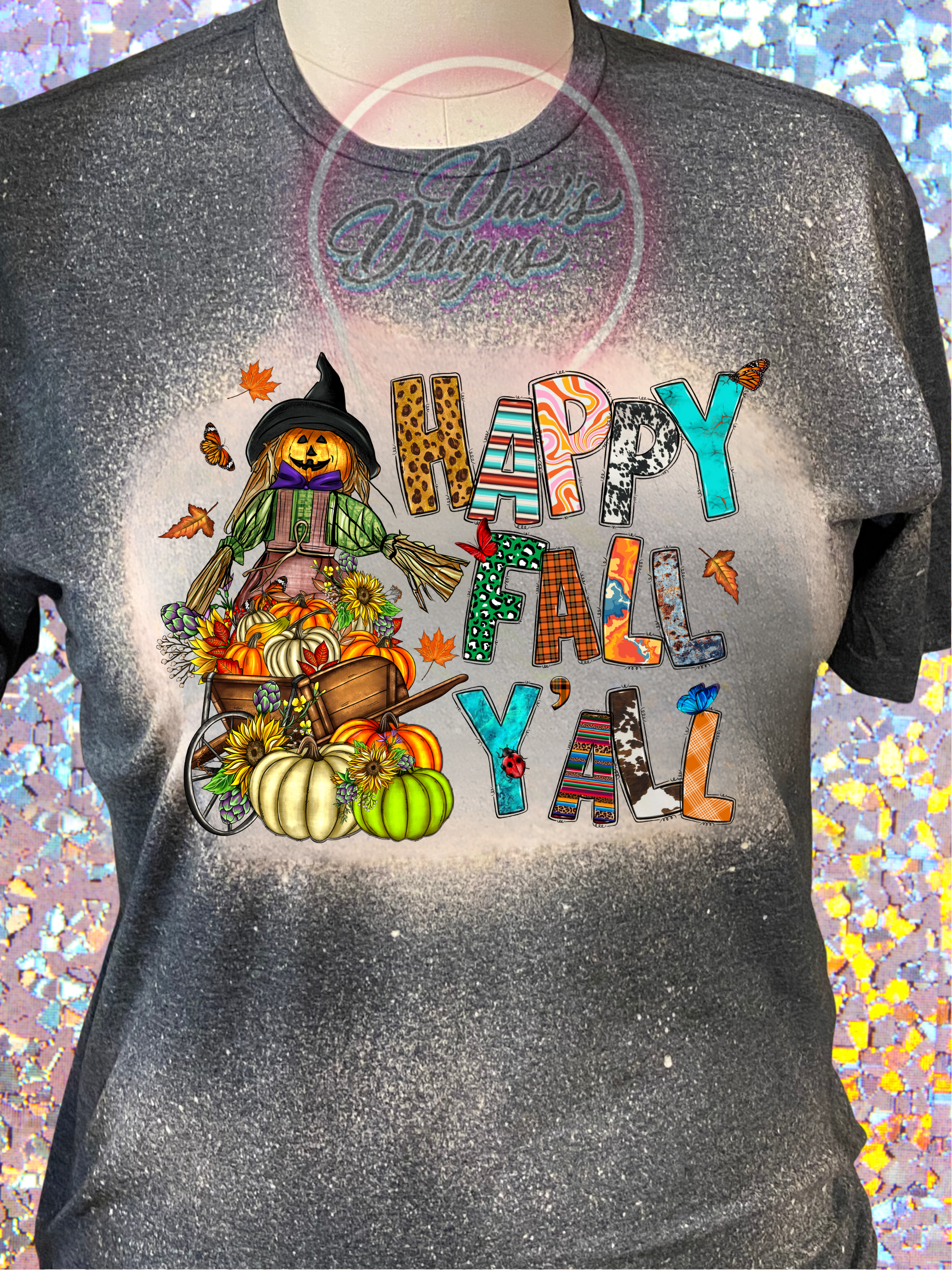 Dark Heather Bleached tee with Happy Fall Y'all quote with scarecrow and pumpkins.
