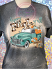 Dark Heather Bleached tee with Happy Fall Y'all quote and images of old truck and pumpkins.