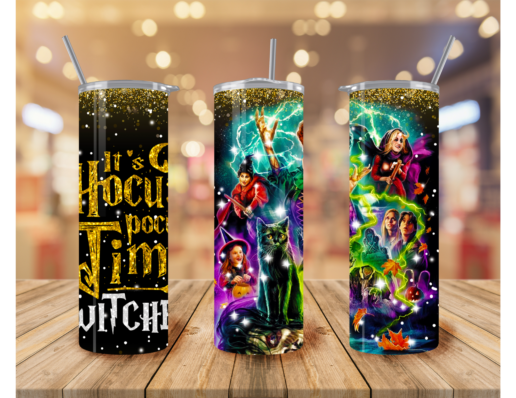 Images of Hocus Pocus cast with magical elements around and the quote of It's Hocus Pocus Time Witches.
