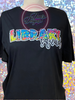 Black tee with quote Library Squad in pink, yellow, blue, and black.