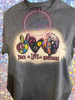 Dark Heather bleached shirt with Peace Love Nightmare and pic of Jack Skelton and Sally.