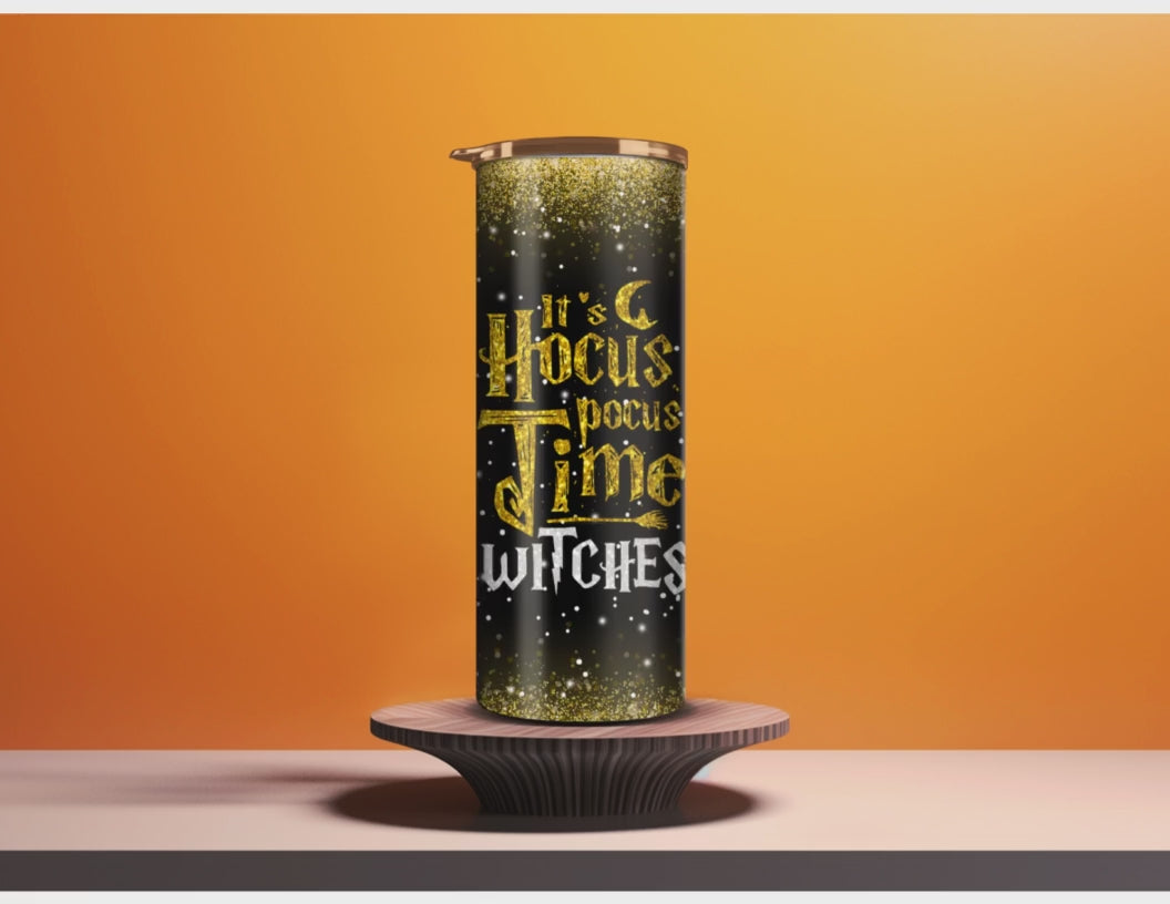 Images of Hocus Pocus cast with magical elements around and the quote of It's Hocus Pocus Time Witches on a rotating tumbler.